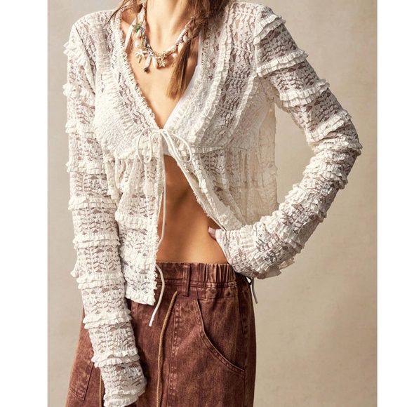 Boho Lace Front Tie Babydoll Long Sleeve Semi Sheer Blouse - Picture 4 of 6